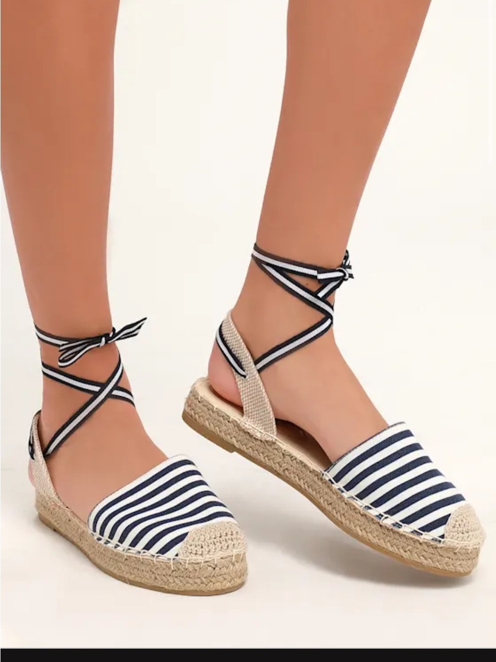 Lulu's Navy and White Striped Espadrille Lace-Up Flats